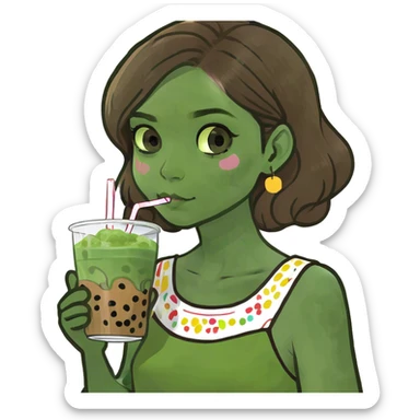 Girl with brown hair brown eyes, white skin drinking boba sticker