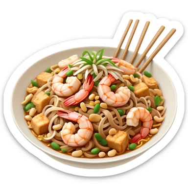 Cinematic Realistic Pad Thai Dish Emoji, depicted as stir-fried rice noodles with shrimp, tofu, peanuts, and bean sprouts rendered with vibrant textures and dynamic, appetizing lighting. sticker