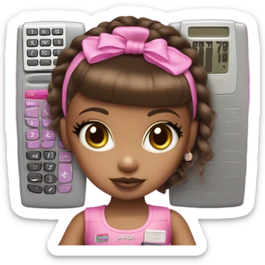 Hyper realistic bratz doll brunette with pink calculator sticker