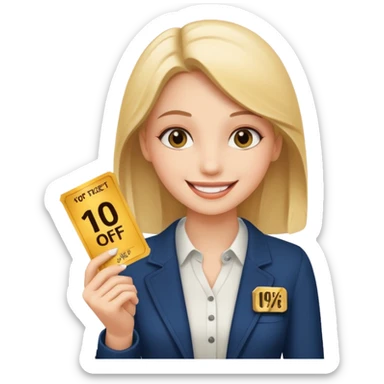 make a elegant girl with a ticket in her hand that says 10 precent off, sticker