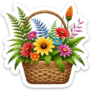 Icon for Floristry: a bouquet of flowers in a woven basket, with reeds, ferns and floral arranging tools nearby like scissors and a flower stem. The icon should represent creativity in flower design and arranging. Transparent background. sticker