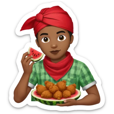 a man named jamal that's black and eating watermelon and fried chicken with a red bandana sticker
