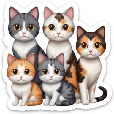 5 different coloured short haired cats including; a dark brown and white cat, and a dark grey and white, and a calico sticker