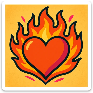 heart with flames of fire in red-orange, yellow, and pink, vibrant and modern style sticker