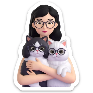 Skinny woman with oval glasses, shoulder length straight black hair, wearing white sleeveless top, hugging a Persian-Angora cat that's gray and white like Oreo cookies, plain background sticker