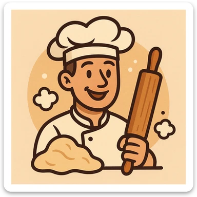 icon symbolizing a baker, with flour and dough, baker's hat and rolling pin, warm feeling, simple and intuitive illustration sticker