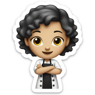 a white black wavy hair female pastry chef, standing up holding a baking tray. show full body sticker