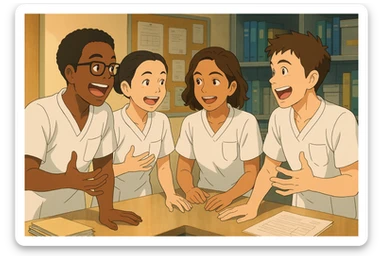 Four nursing students inspired by four provided faces, lively discussion in a care station, wearing short-sleeved white medical tunics with V-neck and left chest pocket, no stethoscopes or clothing beyond sleeves, dynamic teamwork scene, Ghibli style, reference four attached faces for likeness sticker