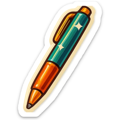 long ballpoint pen, retro stickers style, soft rounded shapes, expressive contours, vintage color palette, light paper texture, shadows and highlights, transparent background sticker