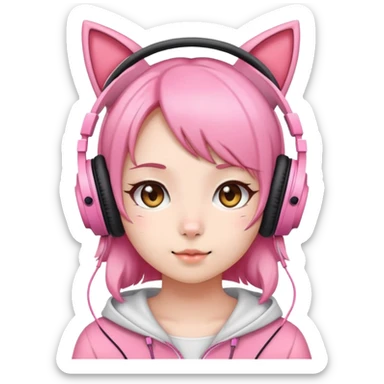 Cute Japanese girl wearing pink cat ear headphones sticker