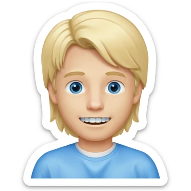 Blond boy with long hair in tail of low blue eyes and dental appliance sticker