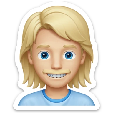 Blond boy with long hair in tail of low blue eyes and dental appliance sticker