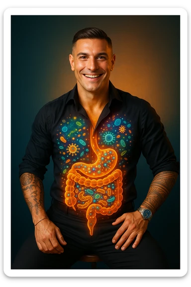 Radiant man with transparent digestive system showing diverse, thriving gut bacteria colonies in perfect balance, beneficial microorganisms glowing like constellation patterns throughout intestines, expression of optimal health and vitality, digestive tract functioning as harmonious ecosystem, immune system strengthened by microbial diversity, energy levels at peak performance sticker