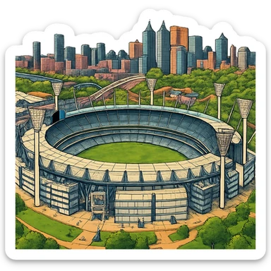 Изометричная, яркая, детализированная и фотореалистичная иллюстрация стадиона Melbourne Cricket Ground в стиле 3D-коллажей городов, насыщенные цвета, аккуратные и чёткие линии, мультяшно-реалистичная стилистика. Чёткие контуры, прозрачный фон, высокое качество. sticker