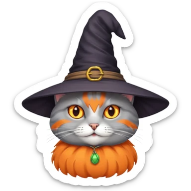 Grey cat with orange eyes with witch hat sticker