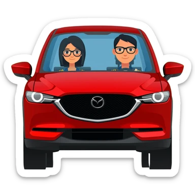 camioneta mazda cx 5 roja con una conductora mujer con lentes de cabello negro y un copiloco hombre de pelo corto negro y lentes, todo en caricatura sobre una avenida principal con paisaje verde sticker