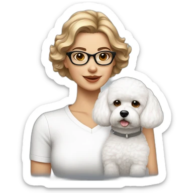 mujer piel blanca cabello chongo gafas  y perro bichon blanco sticker