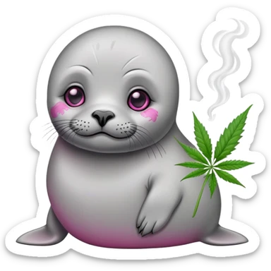 Grey slim baby seal Smoking cannabis weeds with pink eye looks tired sticker
