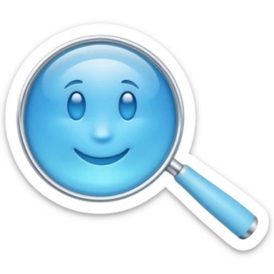 A 3D emoji-style magnifying glass, smooth rounded shapes, soft gradient blue ring, glossy plastic material, subtle highlights and reflections, simple minimal design, pastel blue color, slightly thick proportions, soft lighting, clean white background, modern emoji aesthetic, centered composition sticker