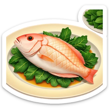 Cinematic fresh snapper fillet, pan-seared to golden perfection, soft and flaky texture, resting on a bed of sautéed greens, warm glowing background, refined and elegant. sticker