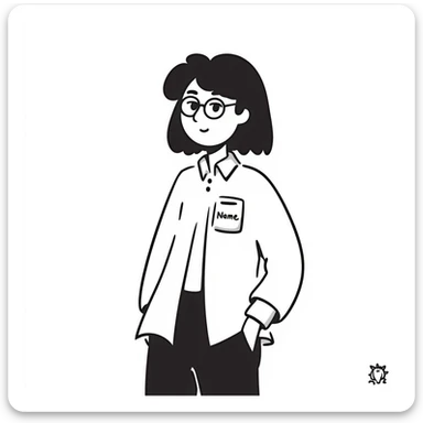 Asian girl with glasses, white shirt, work tag with her Asian young male boss's name, simple line drawing style sticker