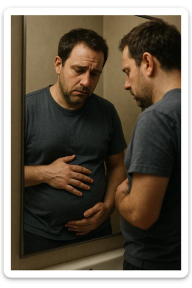 uomo che si guarda allo specchio triste mentre si tocca la pancia, pensieroso, iperrealistico 4k sticker