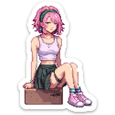 A girl with pink hair, wearing a skirt, sitting sideways on her leg, wearing a crop top, monochromatic sticker