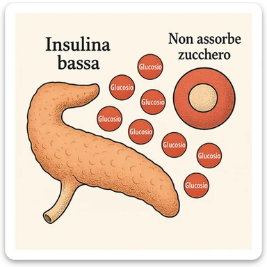 Add clear and legible Italian text to the icons in a realistic and symbolic-medical style: label the pancreas with 'Insulina bassa', the molecules with 'Glucosio', and the cells with 'Non assorbe zucchero'. Maintain the realistic and symbolic-medical style with clear and readable text. sticker