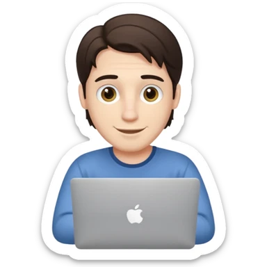 A white brunette man in his mid 20s, middle part average dude with slightly droopy eyes, happy, using a MacBook (no logo), hero for an iOS developers website sticker
