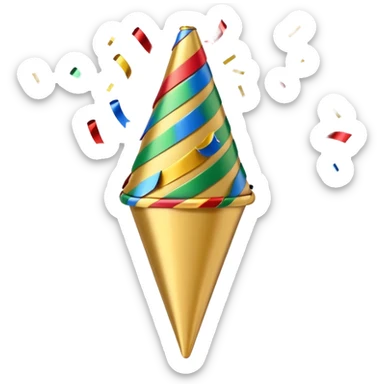 A small cone-shaped party popper tilted to the side, usually gold or yellow with diagonal stripes. It bursts open at the top, releasing colorful confetti and streamers in blue, red, yellow, or green. Represents celebrations, parties, excitement, or congratulations. sticker