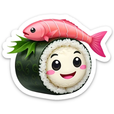 Cute Kawaii Maki Sushi Roll, small and round, wrapped in soft dark green seaweed, tiny grains of rice peeking out, a bright pink fish filling, a cheerful smiling face! sticker