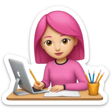 chica rosa pensando ideas con un escritorio sticker