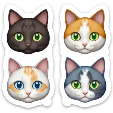 4 different coloured short haired cats including; a dark brown and white cat, and a dark grey and white, and a calico sticker