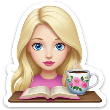 A cinematic, realistic blonde with long hair, blue eyes, and pink lips is sitting in a cozy atmosphere, reading a book, and there is a mug of floral coffee on the table next to it sticker