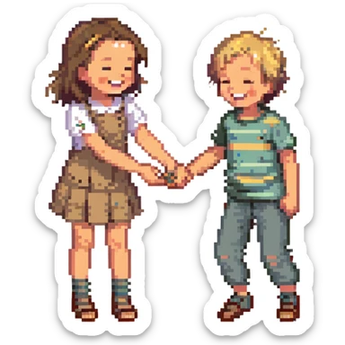A girl smiling and standing near a little boy, he is on the floor laughing, she wiggling her toes between his thighs tickling him sticker