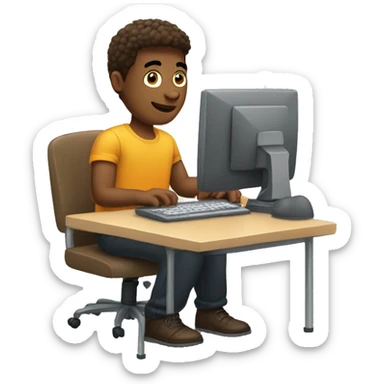 a guy sitting next to the desk at typing something on the computer sticker