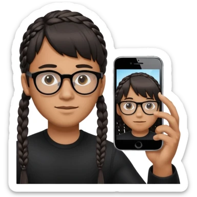 He's wearing black, left braided hair, full bangs, bangs and glasses, and taking a mirror selfie with a white iPhone sticker