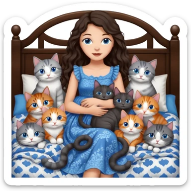 detailed realistic looking a dark grey and white cat regally laying with six other cats, cuddling with their owner in bed who is a pretty bratz lightly tanned white girl with long dark brown hair, blue eyes and gorgeous long wavy hair wearing a pretty detailed dress sticker