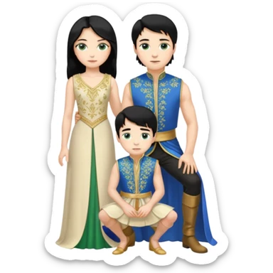 prince, standing upright, black Hair, blue eyes, garment,  woman, bending knee, white sleveless dress, blonde hair, green eyes, sticker