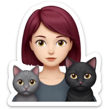 femme au cheveux court bordeau avec chat poils longs gris et chat poils ras noirs sticker