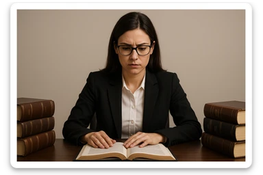 lawyer woman, sitting at a desk with law books, glasses, focused, neutral background sticker