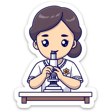 Ukrainian girl with dark hair in traditional embroidered shirt holding a microscope sticker