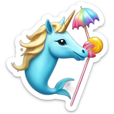 Unicorn with a lollypop and a dolphin hat sticker