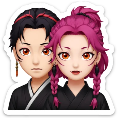 tanjiro: Kind red eyes, black hair with burgundy tips, forehead scar, tanned skin, Hanafuda earrings.                             nezuko:   Pink eyes, black-orange hair, fangs, bamboo muzzle. sticker