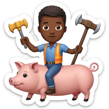 Black man holding a large hammer while riding a pig sticker