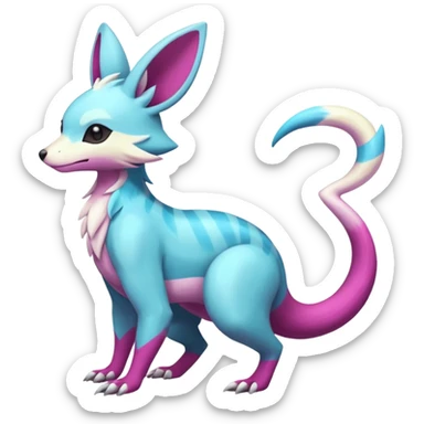 realistic Shiny smooth silky soft Cyan-Yellowish-Magenta Minccino-Zeraora-Emolga-Vernid-Sergal-fusion-hybrid-animal-creature, full body sticker