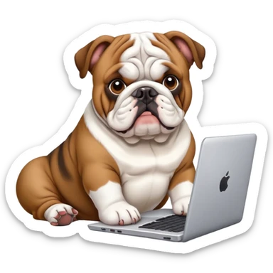 English bulldog sitting with a laptop sticker