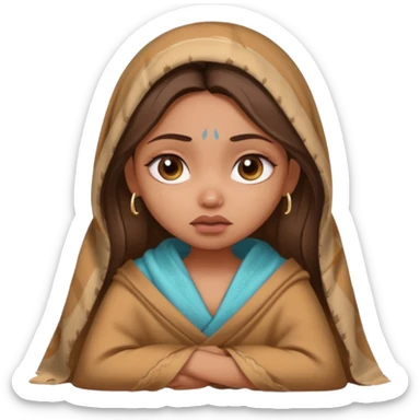 a pretty bratz fair indian girl wearing a brown pajamas and blnaket, dark circles, crying sticker