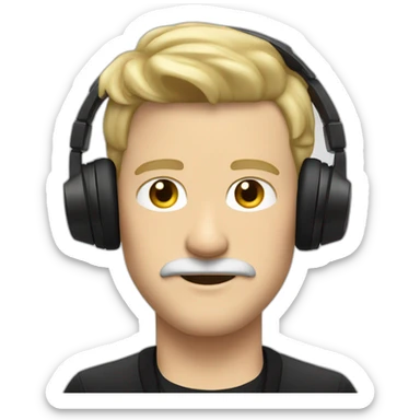 ADULT WHITE MAN BLONDE HAIR AND BLONDE MUSTACHE USING A BLACK JACKET AND A HEADPHONE WITH A NEUTRAL FACE sticker