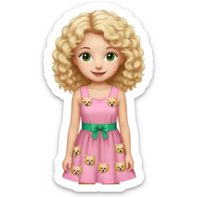 smiling girl with blonde curly hair and brown/Green eyes in a pink summer dress with A Blond Pomerania  sticker